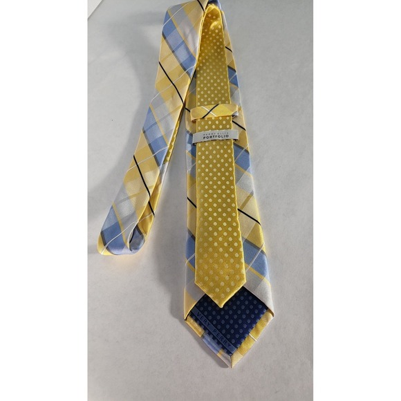 Vera Perry Portfolio Plaid‎ Necktie Yellow Blue Patterned Business Casual - Picture 2 of 5